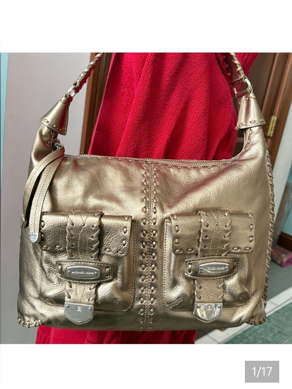 Michael Kors  shoulder bag  leather champagne gold metallic  whipstitching
EUC